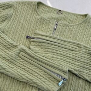 One Girl Who..100% Cashmere Sweater Celadon Green Mini Cable Knit Size Small